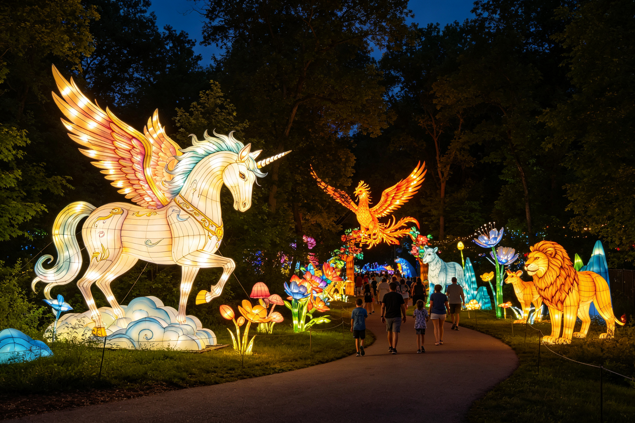 Zoo lantern festival in the United States - glowing unicorn and mythical creature lanterns along a path